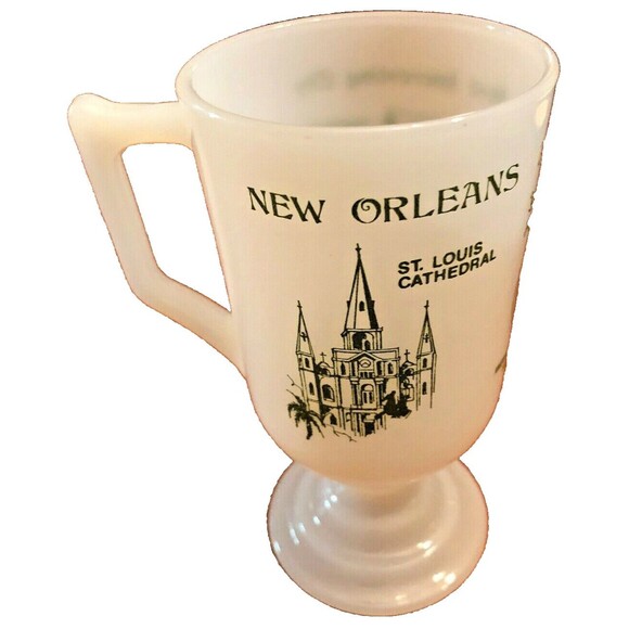 Vintage New Orleans Milk Glass Souvenir Coffee Mug, White W/Green  Pedestal  Cup - Picture 1 of 8